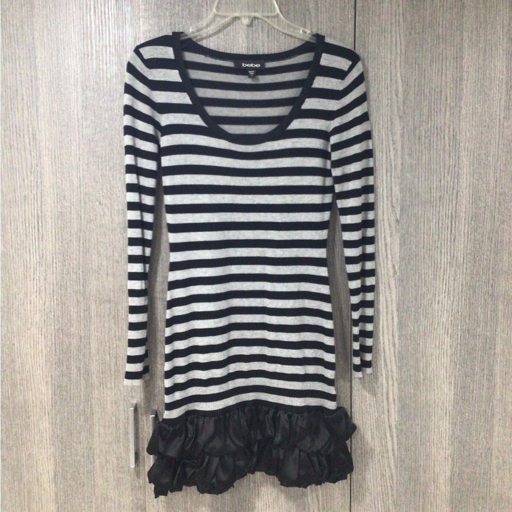 Bebe Striped Long Sleeve Top with Ruffle Hem